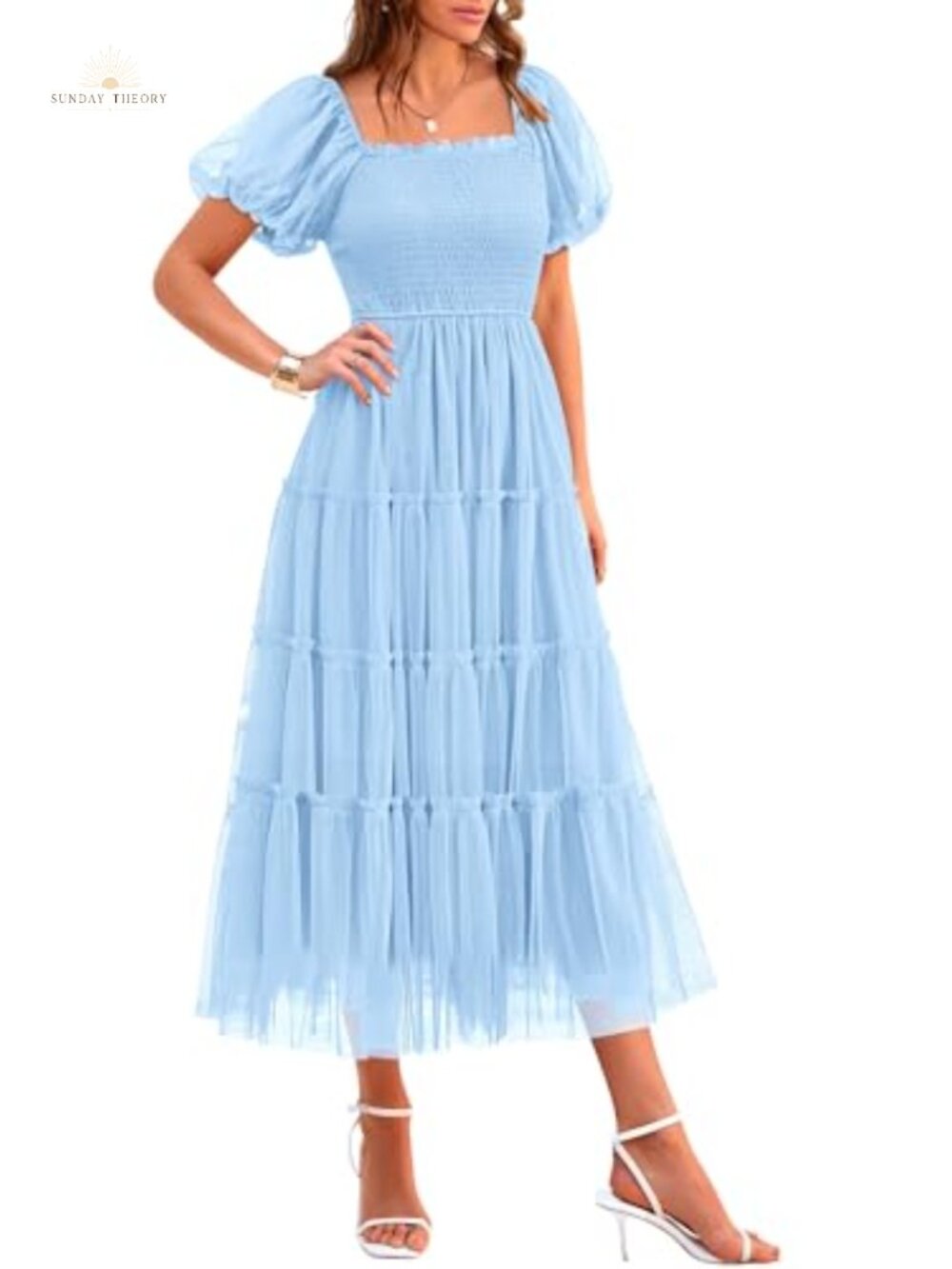 Smocked Midi Tulle Dress Square Neck Puff Sleeve Tiered